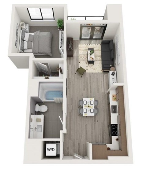 Floor plan for 1 bed, 1 bath, 603 sqft
